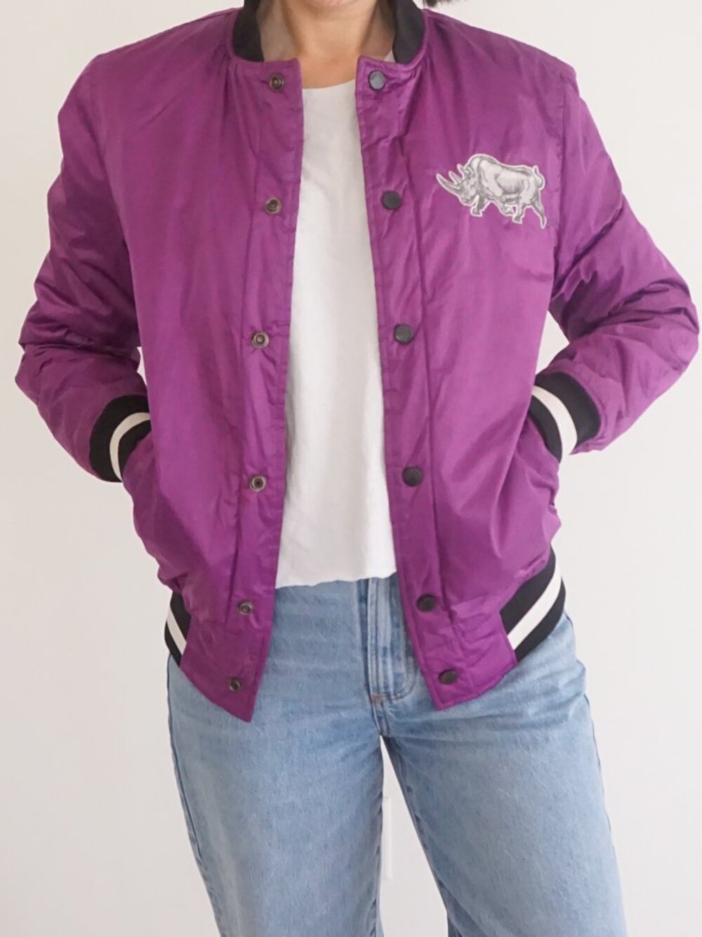 Vintage Ecko Unltd Purple Rhino Embroidered Snap Front Varsity Bomber Jacke XS